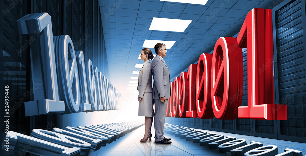 Poster Business people standing in data center with binary code