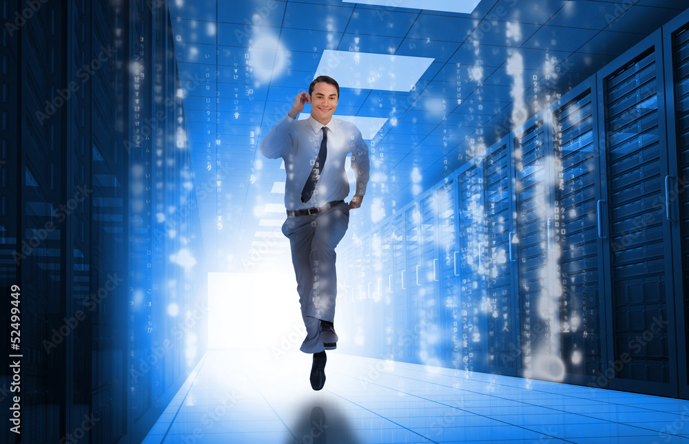 Poster businessman running through data center