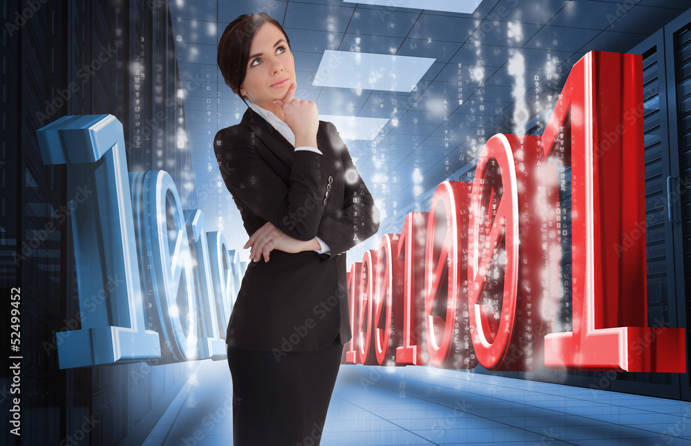 Poster Businesswoman thinking of binary code in data center