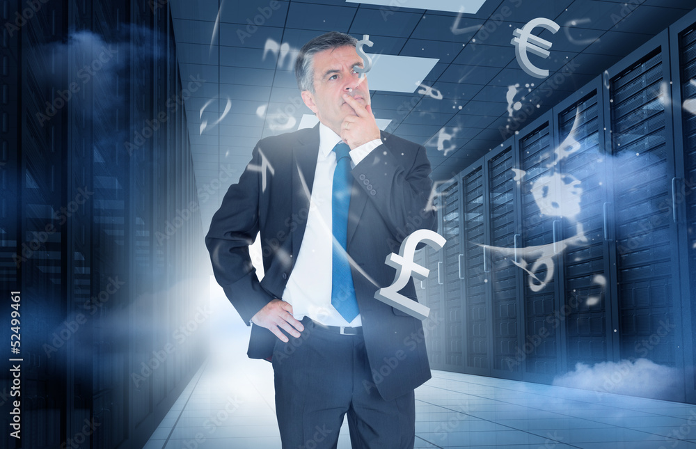 Poster businessman standing in data center with currency graphics