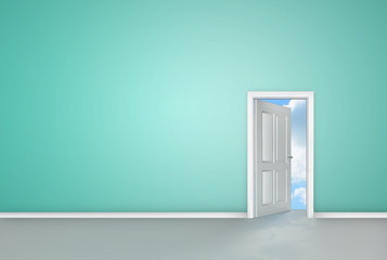 Door opening to reveal blue sky