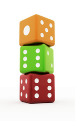 Three colored dices isolated