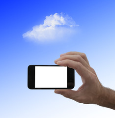 blank screen smartphone in male hand, and cloud