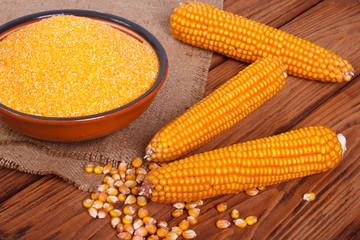 Corn groats in a bowl, whole grain and cob on a wooden table.