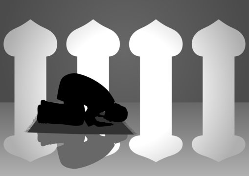 Silhouette illustration of a moslem man praying in the mosque
