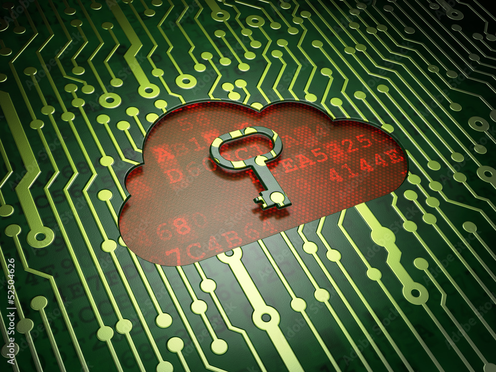 Poster networking concept: cloud whis key on circuit board background