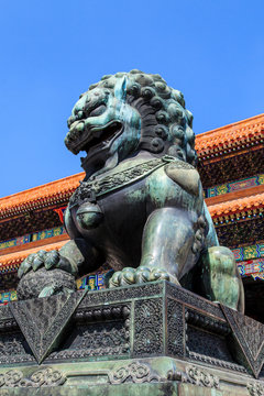 Detail of bronze statue of a lion at the forbidden city