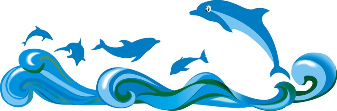 Прыгающие над волнами дельфины в море