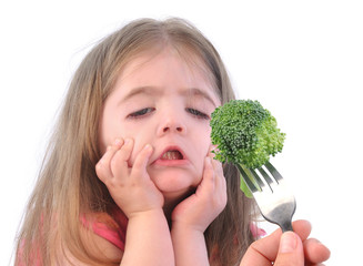 Girl and Healthy Broccoli Diet on White - obrazy, fototapety, plakaty