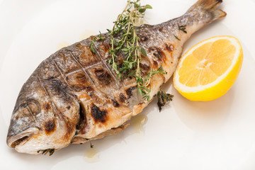 close-up hot dish grilled dorado with lemon