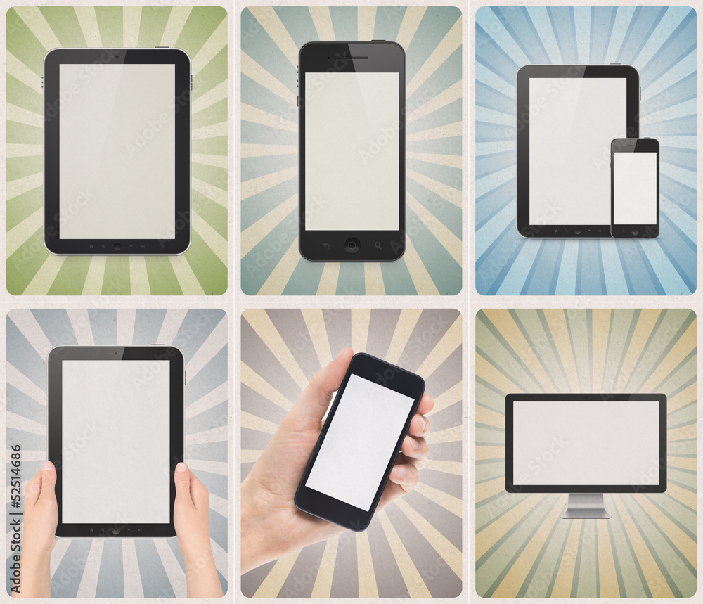 Poster modern devices on retro background set