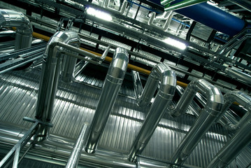 Industrial zone, Steel pipelines and cables in blue tones