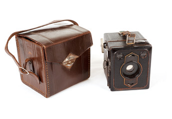 very old vintage camera on white background