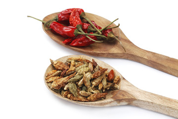 Dried Chilli Peppers On Wood Spoons