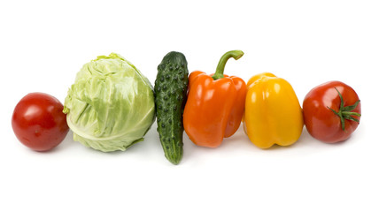Fototapeta na wymiar Vegetables on a white background. Cabbage, cucumber, tomato,