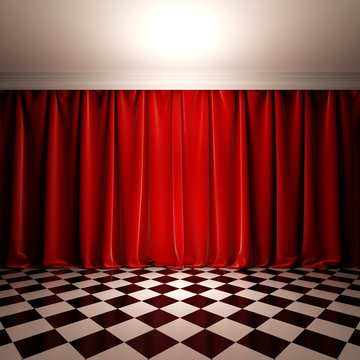 Empty scene with red velvet curtain.
