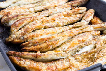 Sardines being prepared with sea salt on a barbecue grill  hotpl
