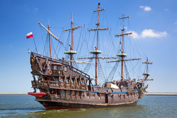Pirate galleon ship on the water of Baltic Sea in Gdynia, Poland