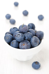 Fresh blueberries in a white bowl, close-up