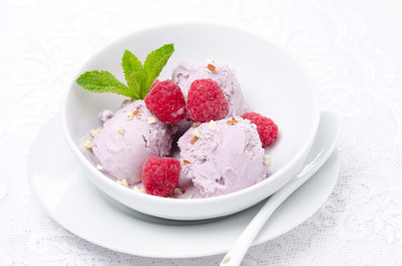 ice cream with fresh raspberries in a bowl horizontal