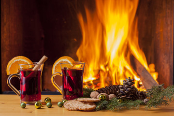 drinks at cozy fireplace