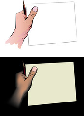 hand with a pencil holds the sheet