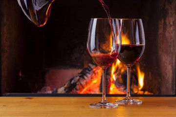 drinks at cozy fireplace