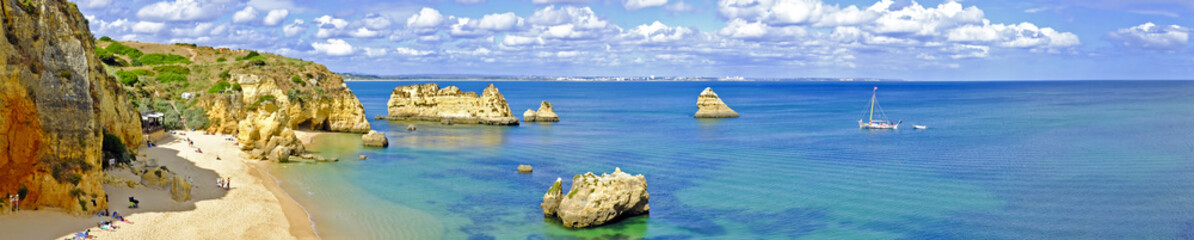 Panorama from rocks and ocean in Lagos Portugal