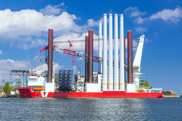 Fototapeta premium Shipyard in Gdynia with wind turbine installation vessel, Poland