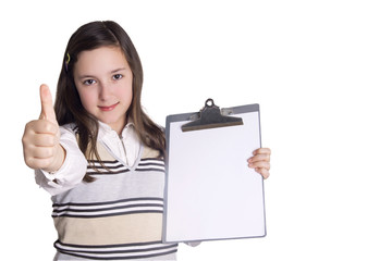 Girl with notepad showing OK sign