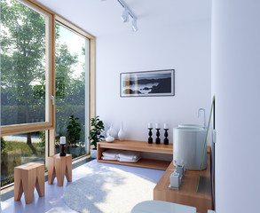 schlichtes weißes Badezimmer - 3d white bathroom in sunlight