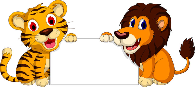 cute lion and tiger cartoon with blank sign