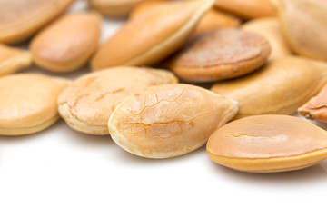 Pumpkin seeds on a white background. macro