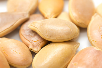 Pumpkin seeds on a white background. macro