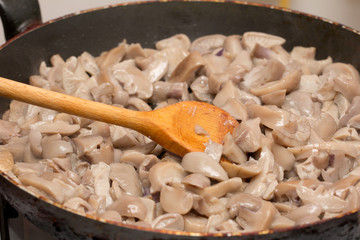 background of mushrooms fried in a pan
