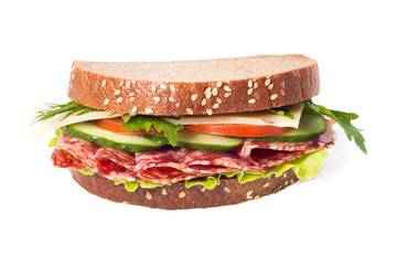 Sandwich with sausage and vegetables, isolated on a white backgr