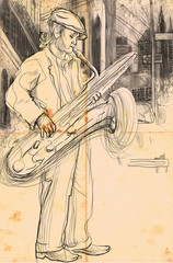 joueur de saxo (dessin à la main en taille réelle - original)