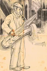 Papier Peint photo Lavable Groupe de musique joueur de saxo (dessin à la main en taille réelle - original)