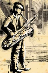 Papier Peint photo Lavable Groupe de musique joueur de saxo (dessin à la main en taille réelle - original)