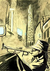 Papier Peint photo autocollant Groupe de musique trompettiste (dessin à la main en taille réelle - original)