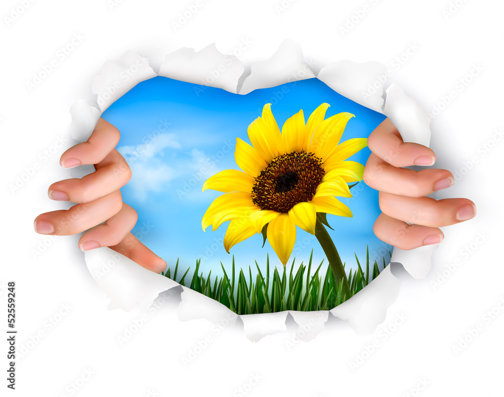 Poster nature background with hands ripping a paper. vector