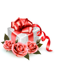 Holiday background with pink roses and gift box.Vector