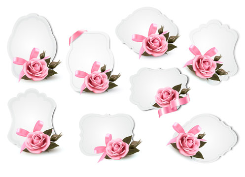 Collection of holiday greeting cards with pink roses. Vector