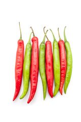 Red and green chili peppers isolated on the white