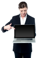 Saleswoman pointing at screen of new laptop