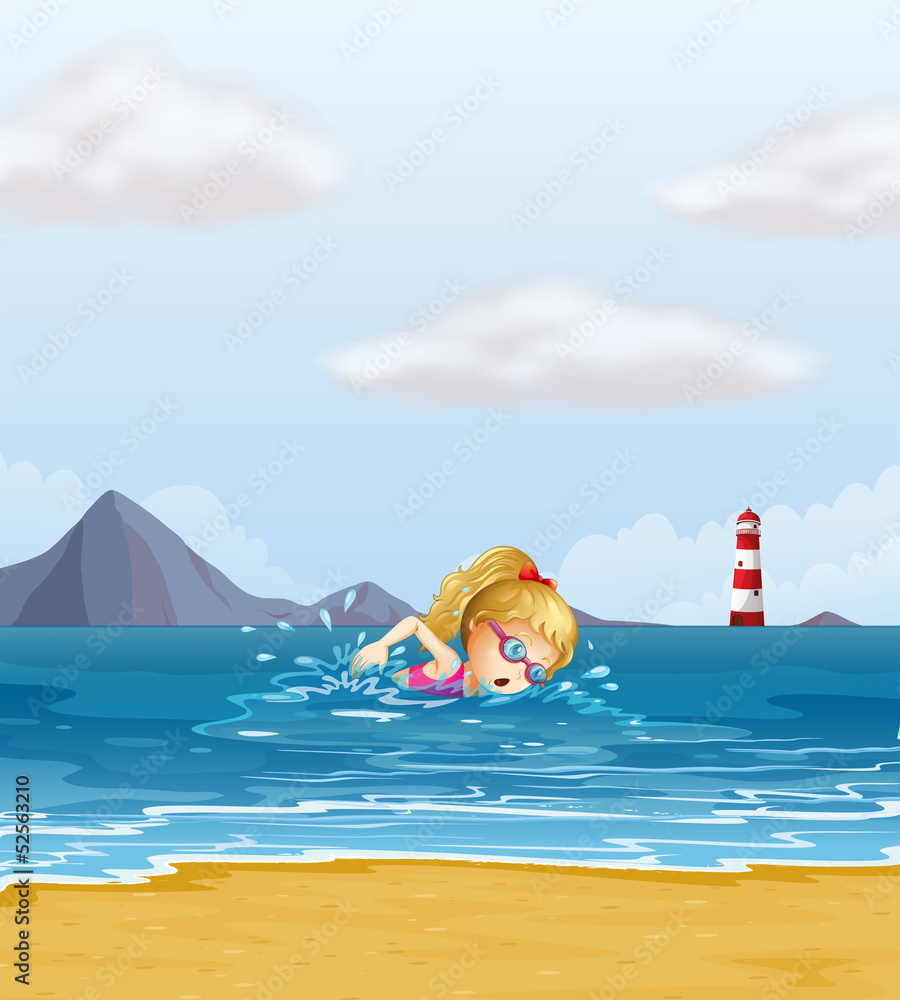 Wall mural a girl swimming at the sea with a beacon at the back