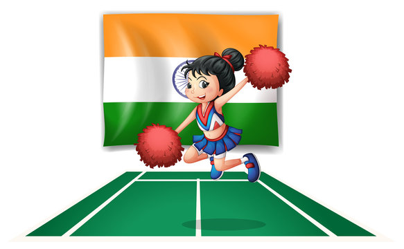 A cheerleader in front of the Indian flag