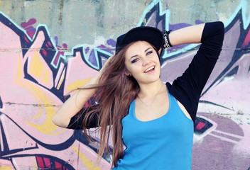 Cheerful Teenager Young Woman against Wall