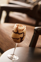 cold fresh ice coffee with chocolate close up