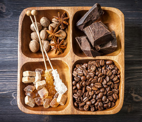 Chocolate, coffee beans and assorted spices